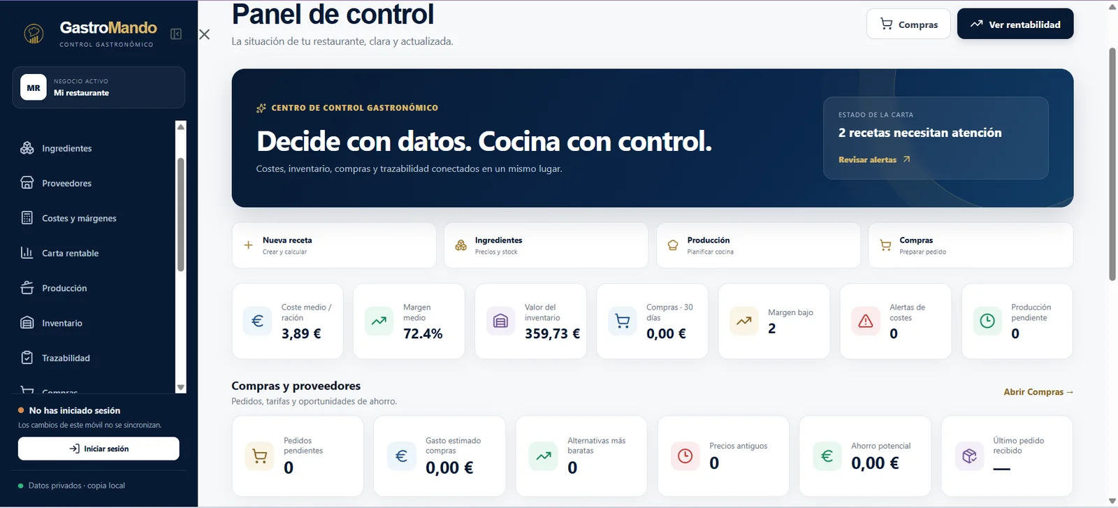 Panel de control del software GastroMando para restaurantes